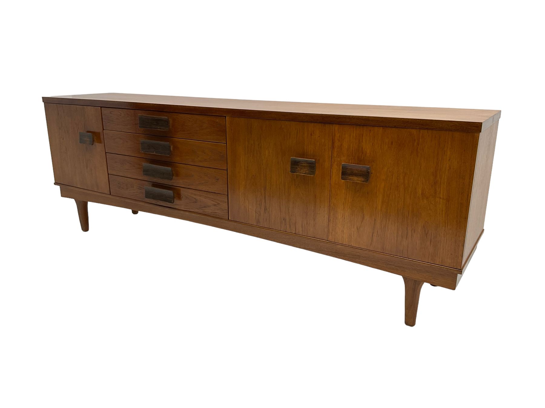Bath Cabinet Makers BCM - mid-20th century teak sideboard fitted with four drawers and three cupboards with curved handles on tapering supports