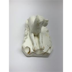 Early 19th century Grainger, Lee & Co., Worcester porcelain model of a Great Dane, circa 1820-1837, modelled in recumbent pose upon a rocky base, the white glaze heightened with gilt, H6cm L12.5cm