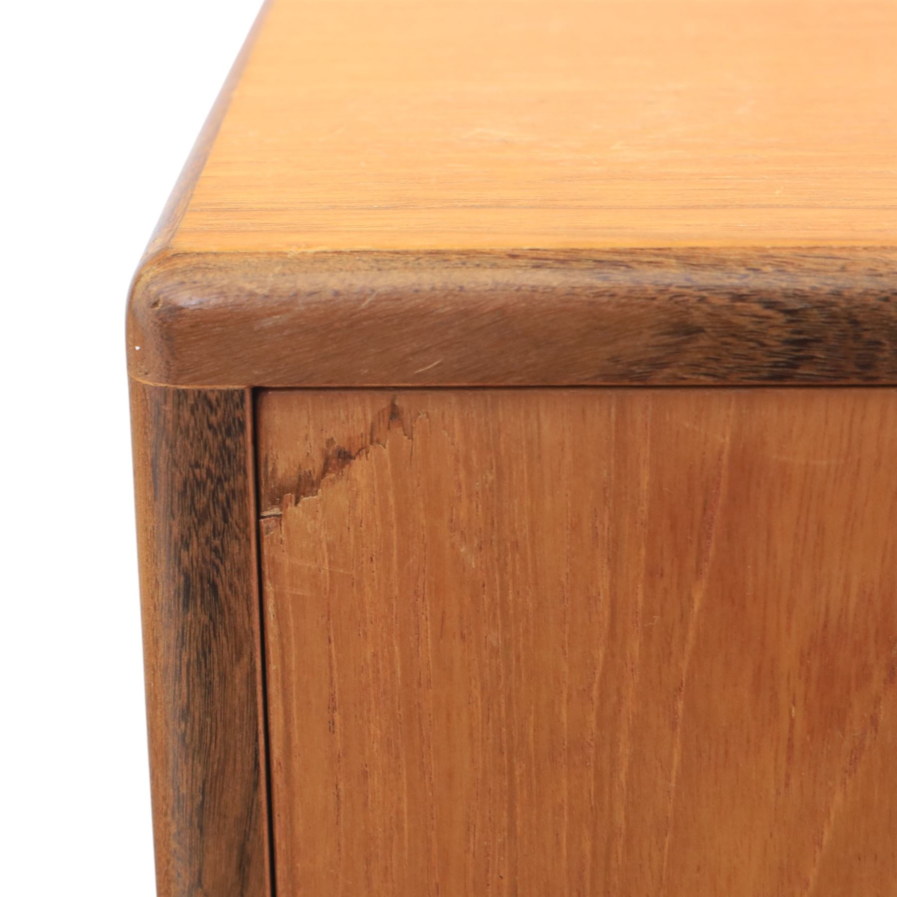 G Plan - 'Fresco' chest of drawers and mirrored dresser, chest of drawers with six drawers, dresser with four graduating drawers and swing mirror surrounded in teak, both raised on a recessed plinth base
Chest H 99cm, W 53cm, D 45cm
Dresser H 136cm, W 72cm, D 48cm