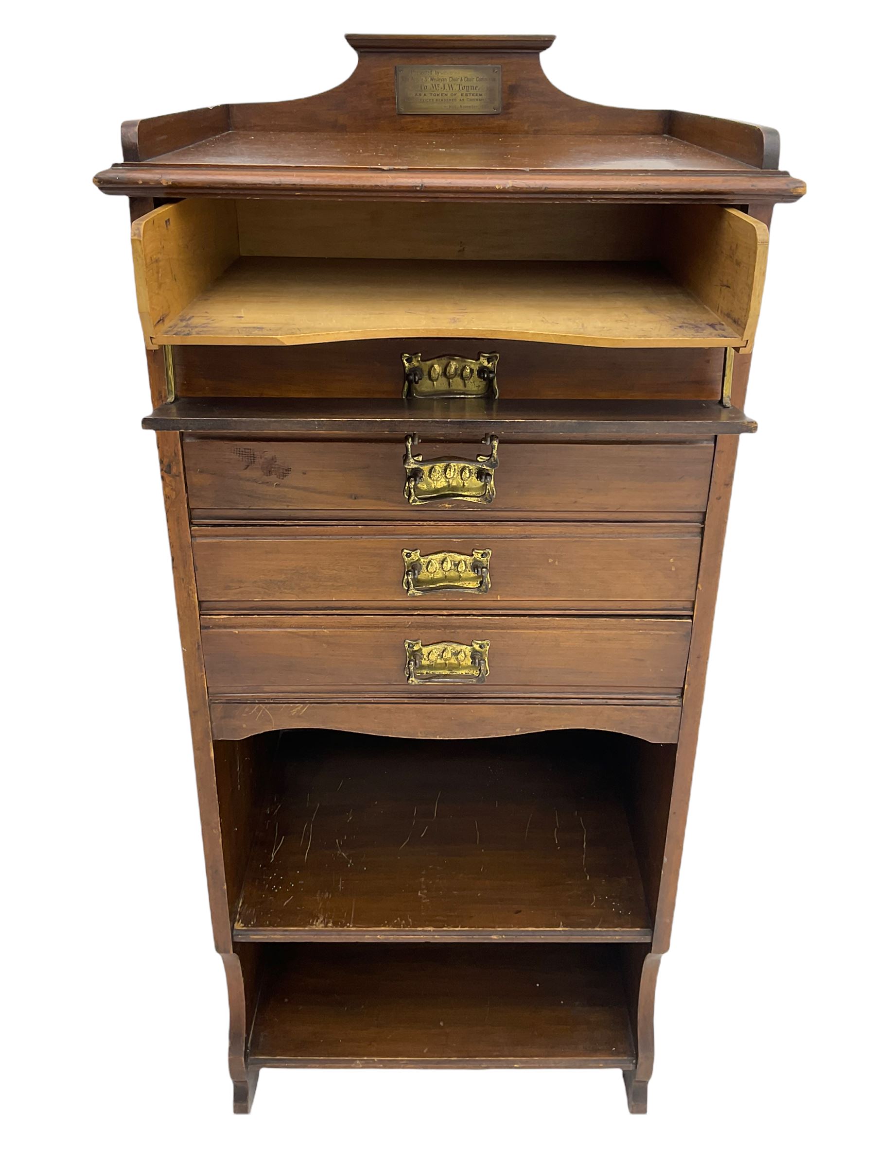 Edwardian walnut sheet music cabinet, raised back with plaque inscribed 
