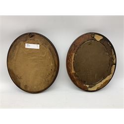 Pair of oval walnut frames with ebonised border, each containing portrait engravings of young female figures with flowers in their hair, overall H25.5cm W21.5cm
