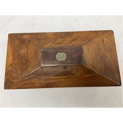 Walnut tea caddy of sarcophagus form, two division lidded interior with a later glass mixing bowl, upon four brass bun feet together with a walnut sewing box with mother of pearl inlaid decoration, tea caddy H16cm