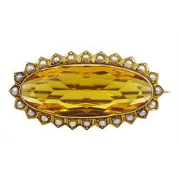 Edwardian gold oval citrine and split pearl brooch
