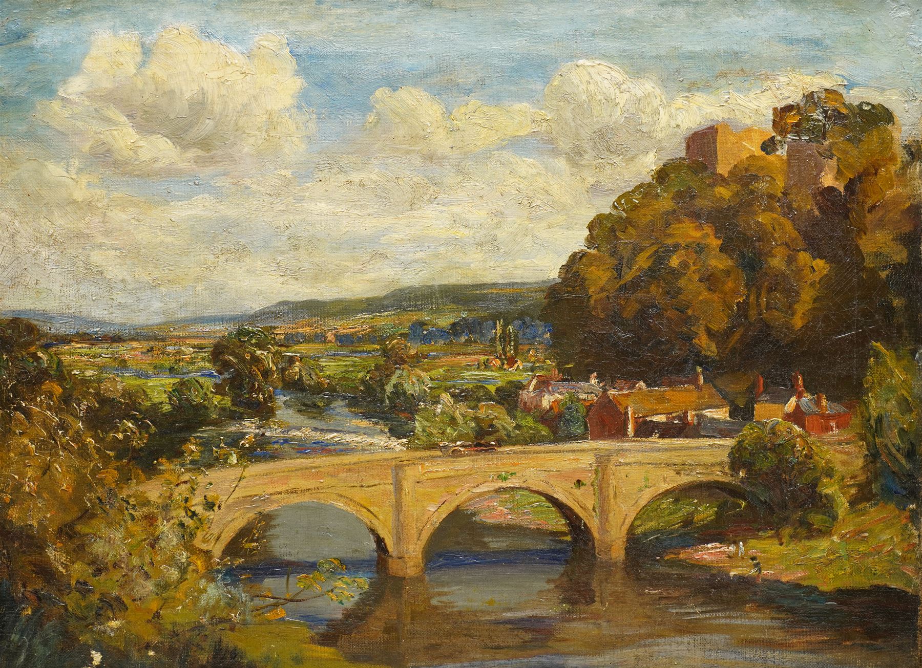 Circle of Herbert F Royle (British 1870-1958): Ludford Bridge over the River Teme - Ludlow Shropshire, oil on canvas unsigned 44cm x 60cm