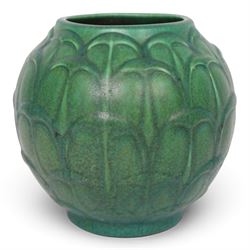 Pilkington's Royal Lancastrian green vase, of bulbous form, with stylised leaf decoration, with impressed mark and number 3362 beneath, H17cm 