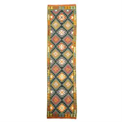 Afghan Chobi kilim flatweave runner rug, the central field decorated with geometric lozeng...