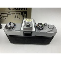 Canon FTb camera body, serial no. 715838, with 'Canon FD 50mm 1:1.8' lens, serial no. 207888, in original box, together with Canon FTb camera body, serial no. 557817, with 'Canon FD 35mm 1:3.5 S.C' lens, serial no. 126210 and Canon EX Auto camera body, serial no. 296244 with 'Canon EX 50mm 1:1.8' lens, serial no. 380869  