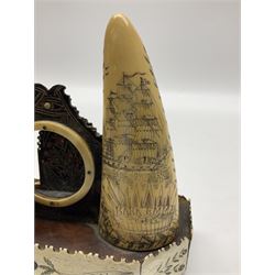 19th century scrimshaw pocket watch stand with two sperm whales teeth and central baleen watch holder; etched for the sailing ship 'Emma' at Warren Rhode Island and dated 1852, H14cm Notes: Warren was an active whaling port from the mid 18th century and became the leading whaling port of Rhode Island in the early 19th century, sending on average twenty whalers per year. The last whaler departed from Warren in 1865, following the decline of the whaling industry. 