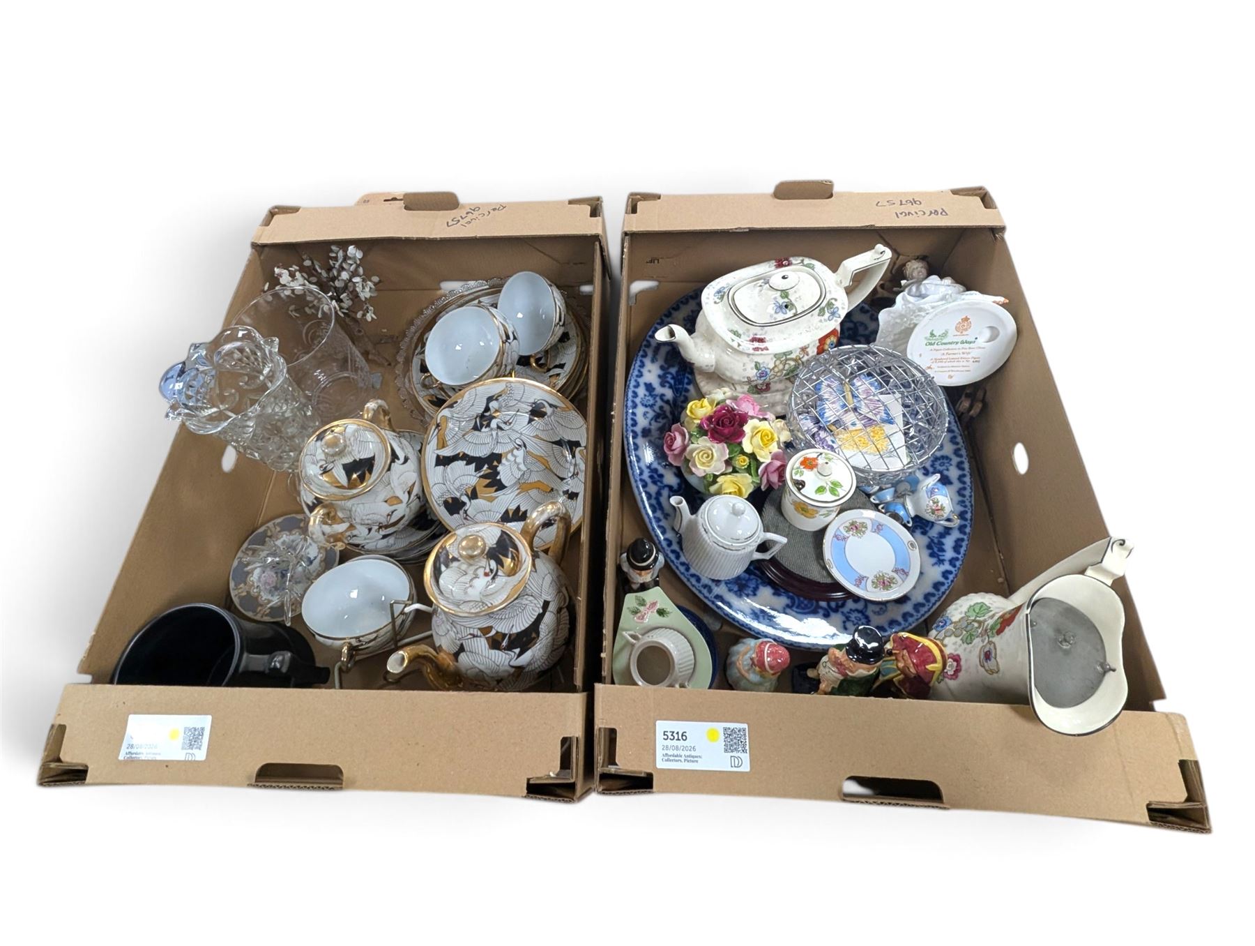 Royal Worcester Old Country Ways figure, Japanese tea service, blue and white platter, cut glass etc