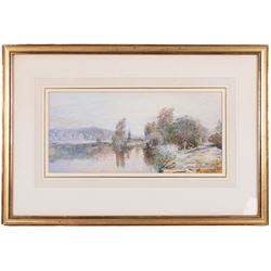 Thomas Walter Wilson (British 1851-1912): Fishermen By the River, watercolour faintly signed 16cm x 34cm;W Smith (British 19th Century): Forest Path, oil on canvas signed and dated '70, 19cm x 39cm (2)