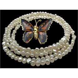 Four pairs of 9ct gold stud earrings, silver stone set stud earrings and a collection of costume jewellery brooches and bead necklaces