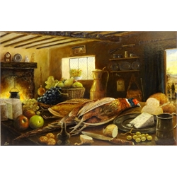  Still Life of a Pheasant in a Country House Kitchen, 20th century oil on board signed Len 