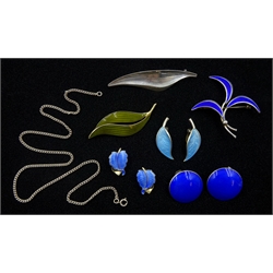  Norwegian and Danish silver and enamel jewellery including David Anderson leaf clip earrings, Aksel Holmsen leaf brooch, Einar Modahl circular clip earrings, silver brooch by Hermann Siersbol, pair of clip earrings, brooch and silver chain  