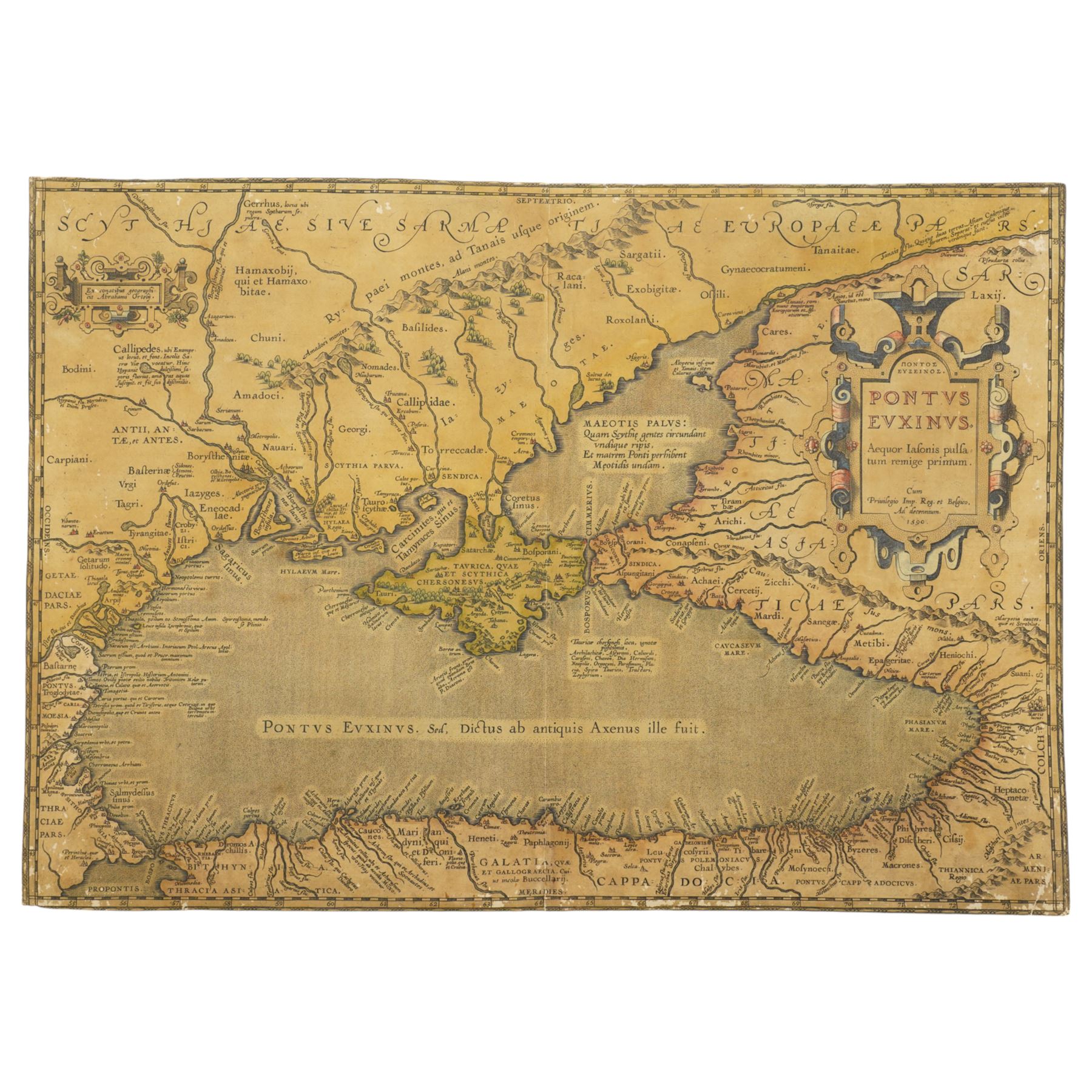 Abraham Ortelius (Belgian 1527-1598): 'Pontus Euxinus', early 17th century engraved map with hand-colouring of the Black Sea and the Crimean Peninsula pub. c.1609, 50cm x 35cm (unframed)