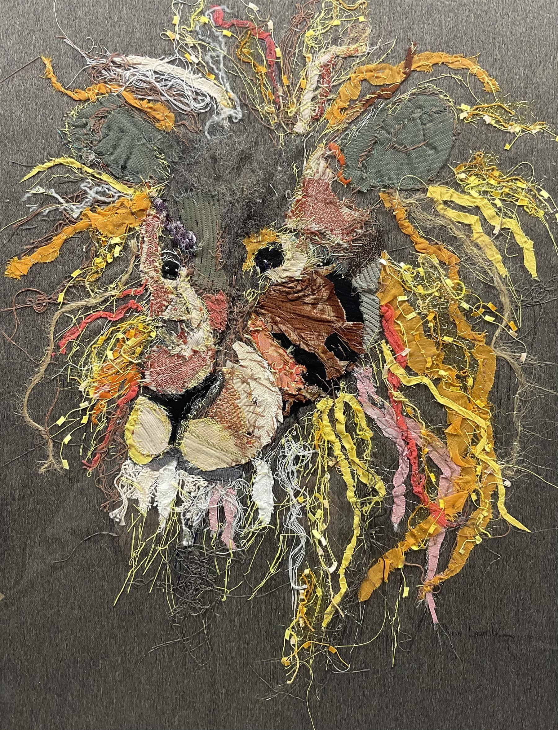 Ann Lamb (British 1955-): Lion, textile work signed 46cm x 35cm