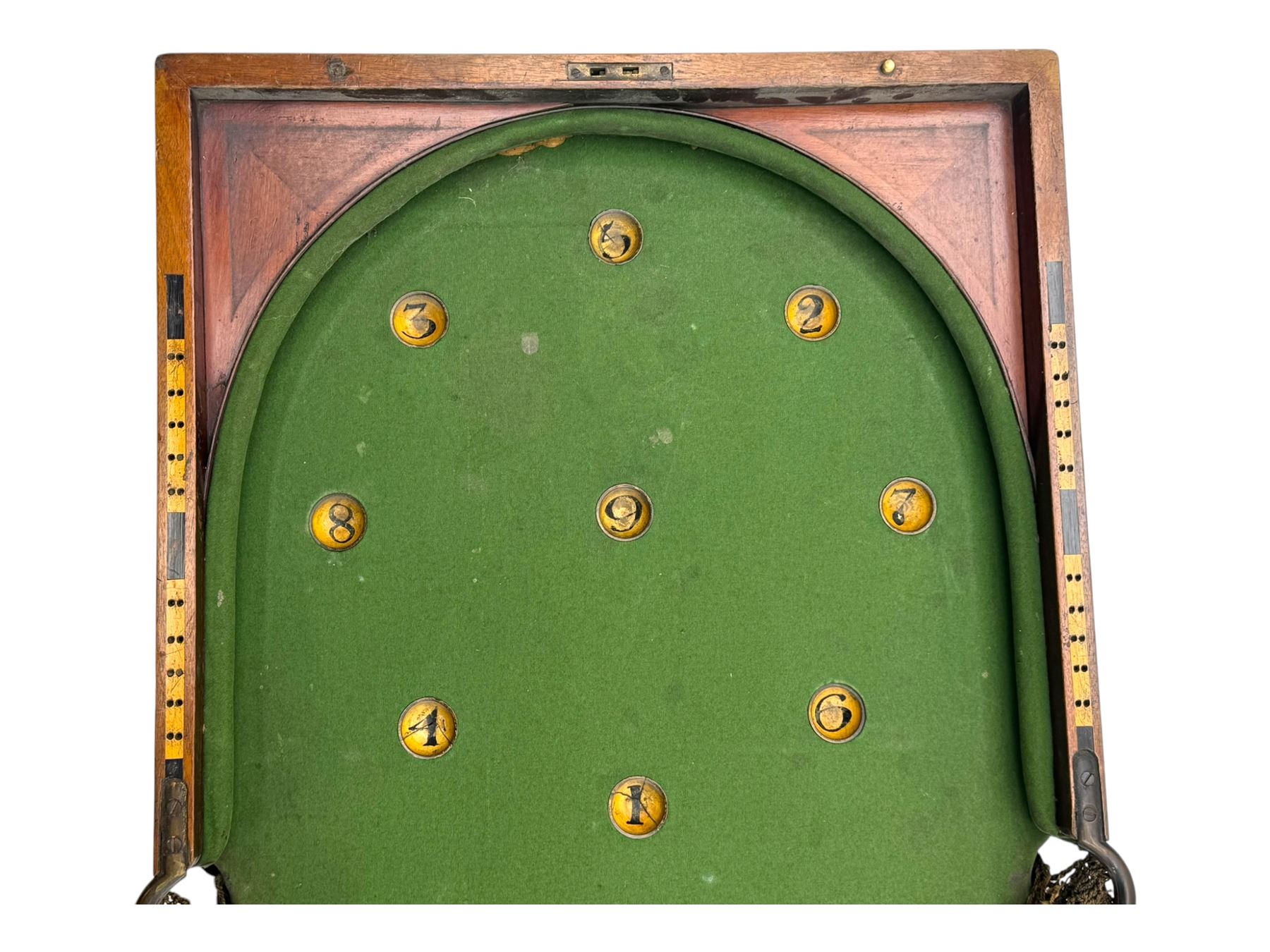 19th century mahogany cased bagatelle board, hinged case opening to reveal baize playing surface 