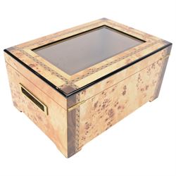 Cigar humidor, of high gloss birdseye maple veneer, the lid with central glass panel, brass handled draw to the front, fitted with a hygrometer, H18cm D24cm 