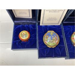 Eight Christmas themed Halcyon Days enamel boxes, and a Halcyon Days enamel bonbonniere modelled as a snowman, each in fitted box 