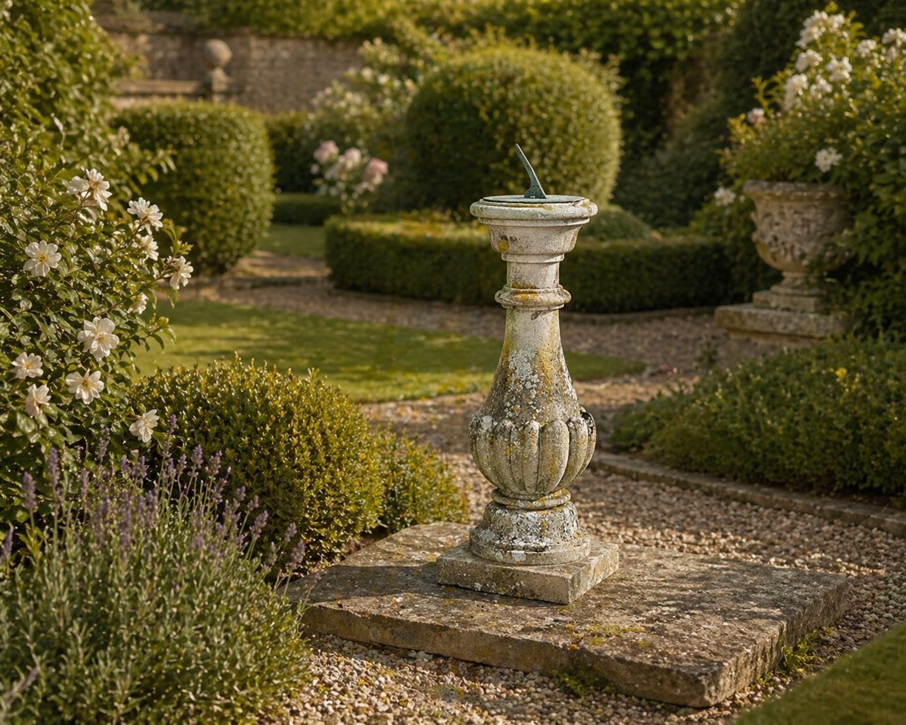 Large weathered cast stone sundial, raised on circular column of bulbous form, square plinth base