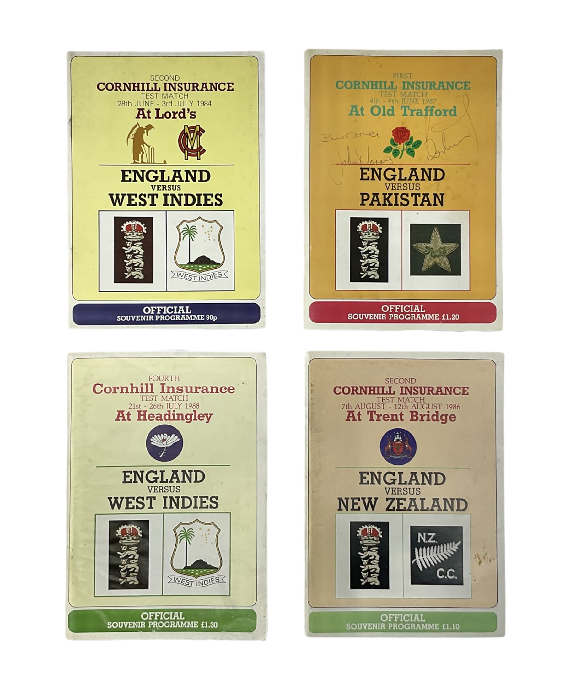 Four mid-late 1980s cricket programmes to include signed England vs Pakistan 1987 example, signed Bill ( Charles William Jeffrey ) Athey and two others indistinct 
