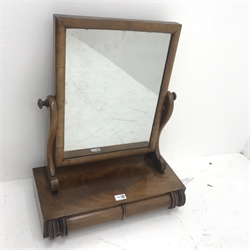 19th century mahogany dressing table mirror, scrolling supports, two drawers, W52cm, H65cm, D26cm