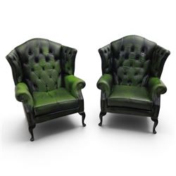 Thomas Lloyd - Pair of Queen Anne design wingback armchairs upholstered in buttoned green ...