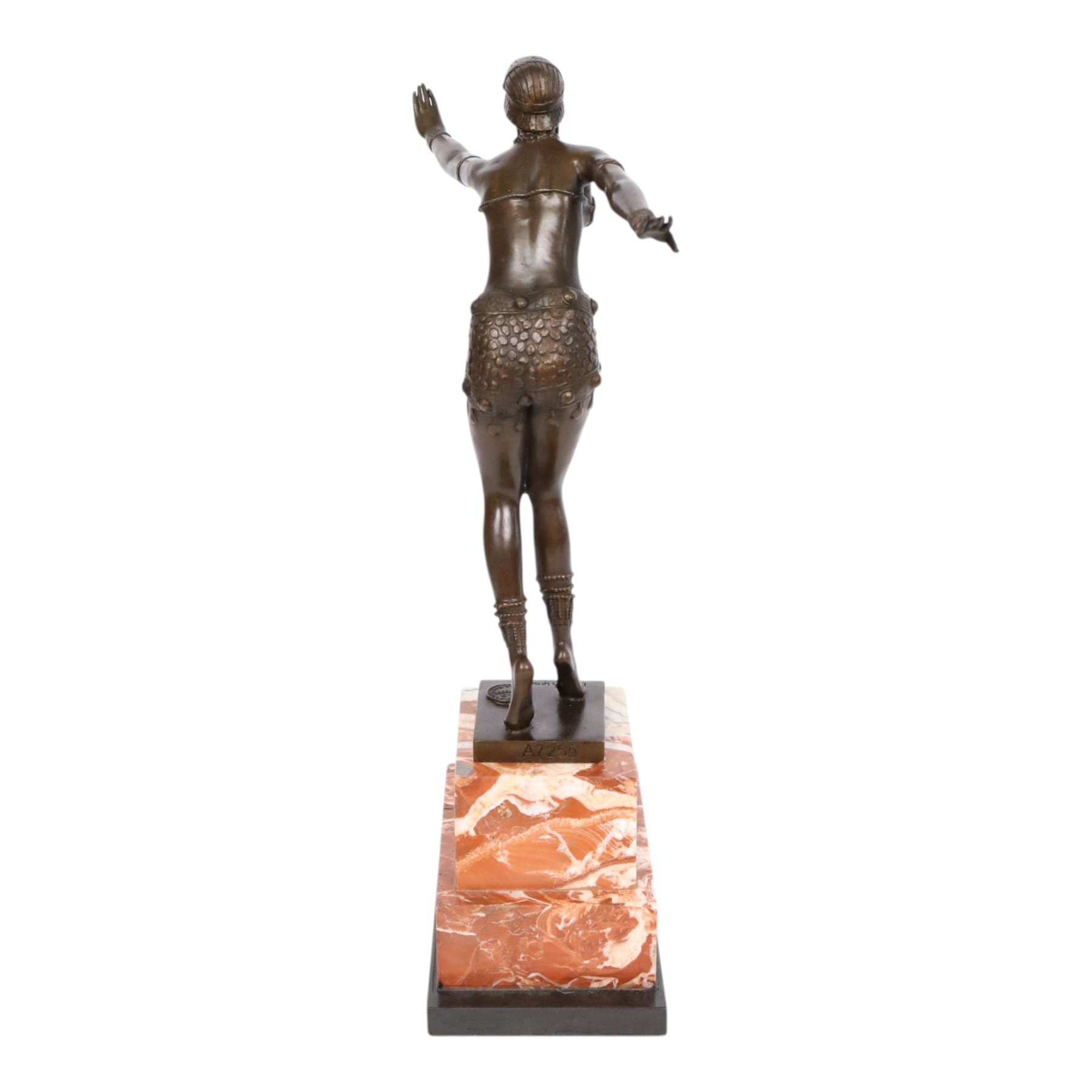 After Demétre Haralamb Chiparus (Romanian 1886-1947): Art Deco style bronze figure modelled as a dancer with outstretched arms, signed to the stepped bronze base and also bearing foundry stamp, upon a tapering marble plinth, overall H49cm
