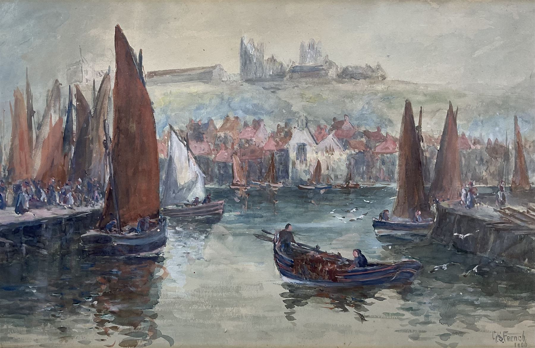 George Scarth French (British fl.1894-1910): Fishing Boats at Dock End Whitby Harbour, watercolour and bodycolour signed and dated 1906, 34cm x 53cm