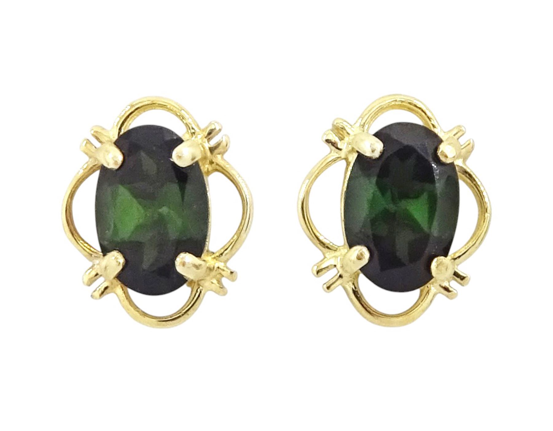Pair of 9ct gold green tourmaline stud earrings, stamped 