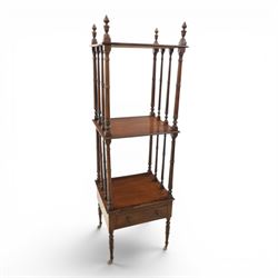 Late Victorian mahogany whatnot, the three tiers supported by turned spindle uprights with...