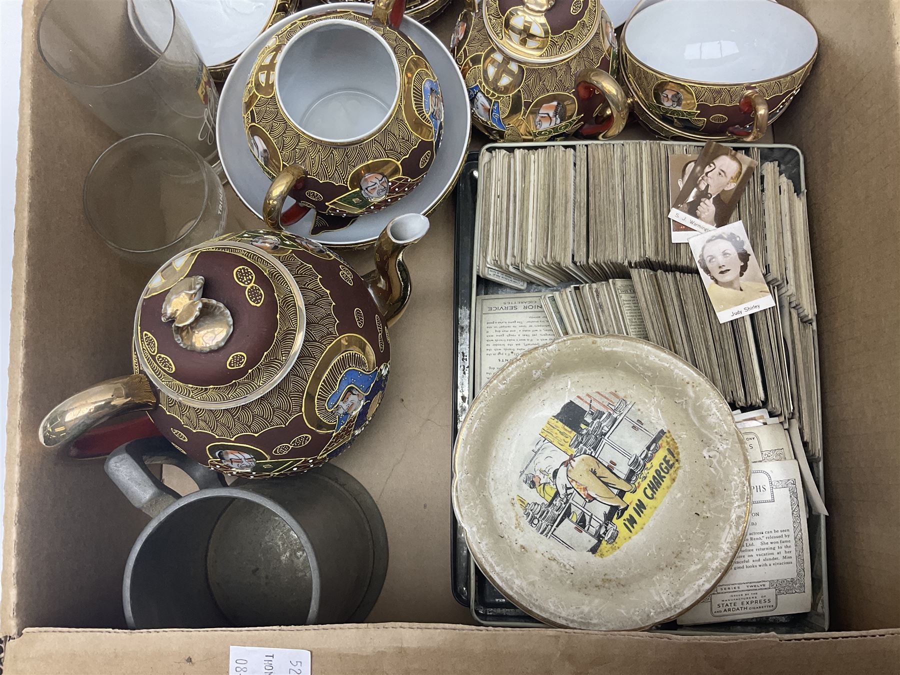 Japanese tea wares, Noritake  tea and dinner wares, cigarette cards, pewter tankard and two glasses in two boxes