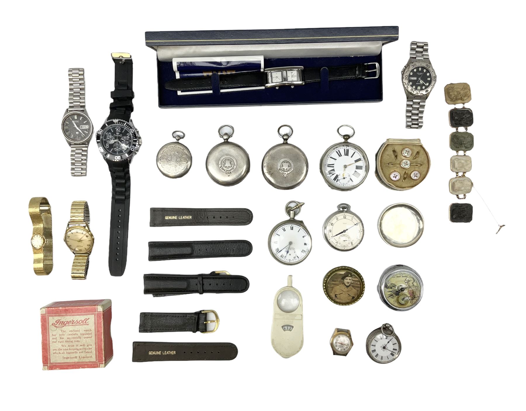 Victorian gold lava and stone set cameo bracelet, three silver pocket watches including R C. Bird Hull key wound lever,  The Veracity Masters Ltd, Rye lever, Carmichael Rotary, Dan Dare pocket watch and a collection of wristwatches including Thomas Russell & Son, 