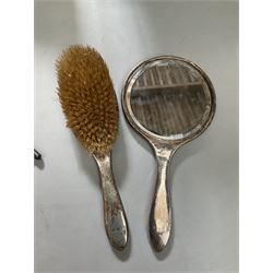 Silver hair brush stamped Birmingham 1918 and a similar dressing table handheld mirror and a quantity of antique keys