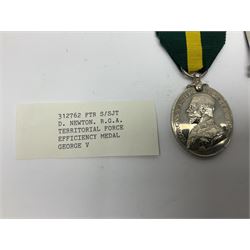 George V Naval Long Service and Good Conduct Medal awarded to K19570 J.L. Honeysett L. Sto. H.M.S. Royal Oak; and George V Territorial Force Efficiency Medal awarded to 312762 Ftr. S/Sjt. D. Newton R.G.A.; both with ribbons (2)