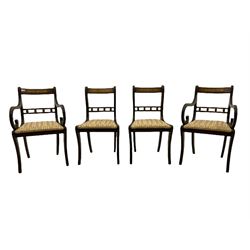 Set of eight Regency style mahogany dining chairs, brass inlay with gilded detail
