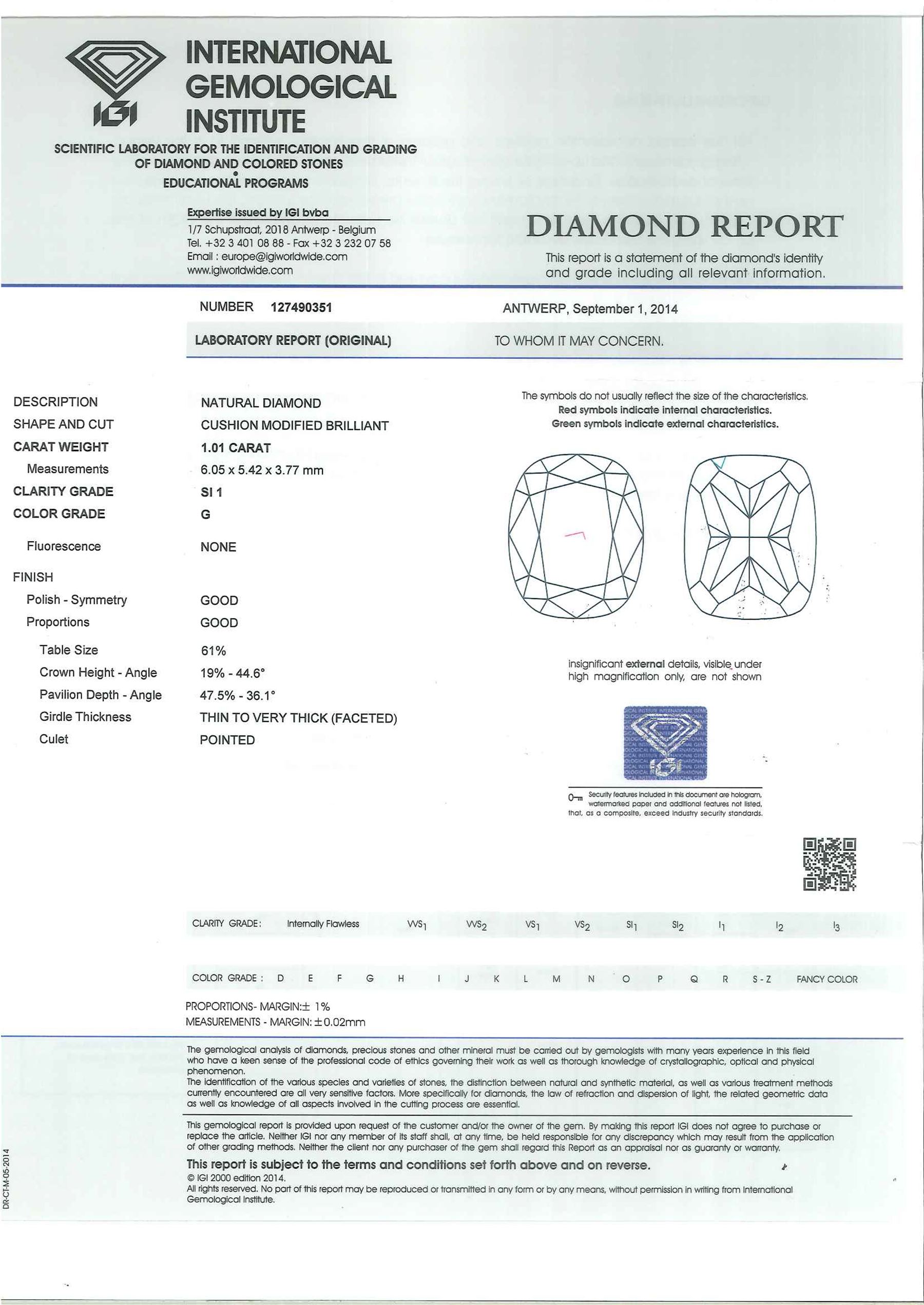 18ct white gold single stone cushion cut diamond ring, with diamond set shoulders, hallmarked, principal diamond 1.01 carat, with International Gemological Institute Report