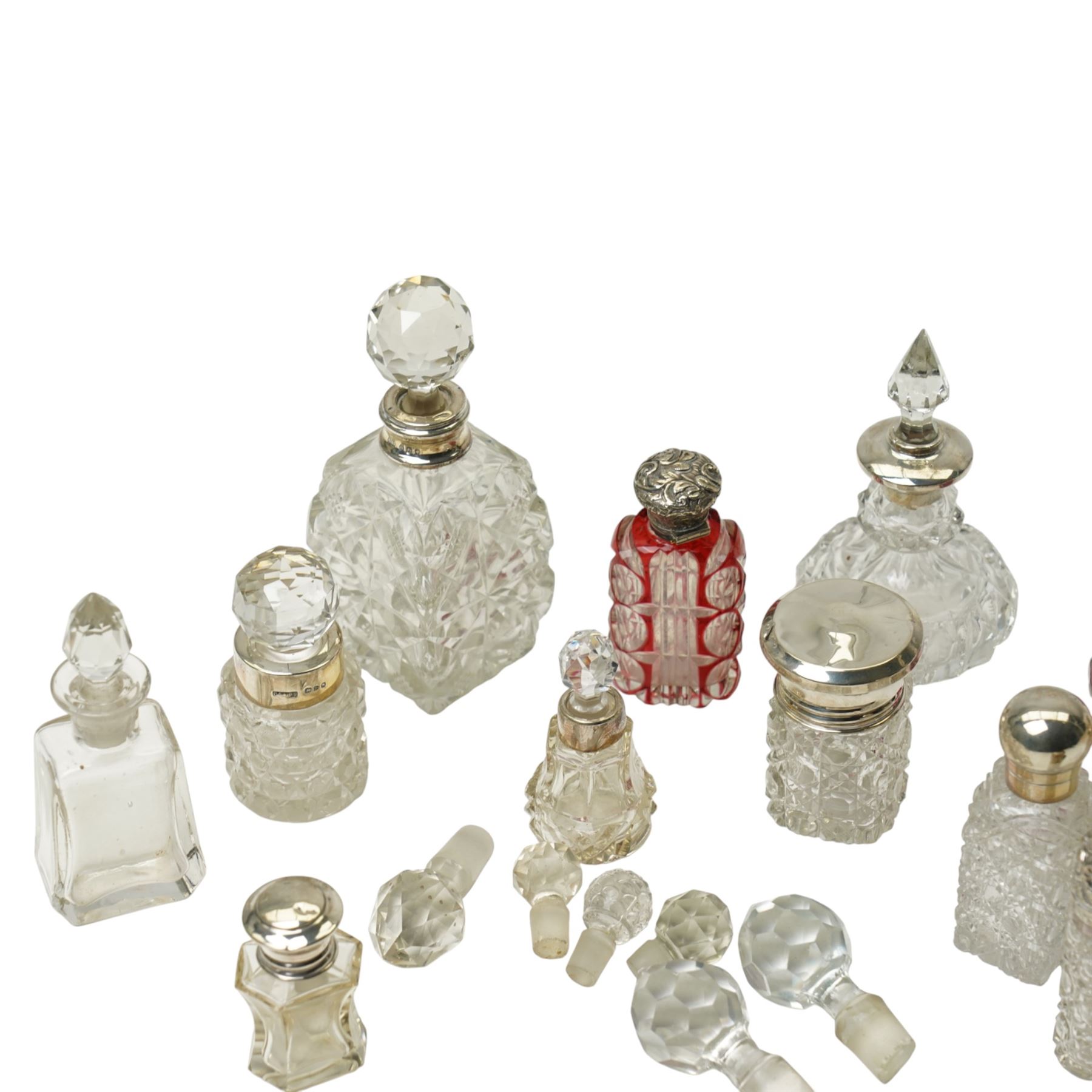 Collection of silver mounted glass scent flasks etc