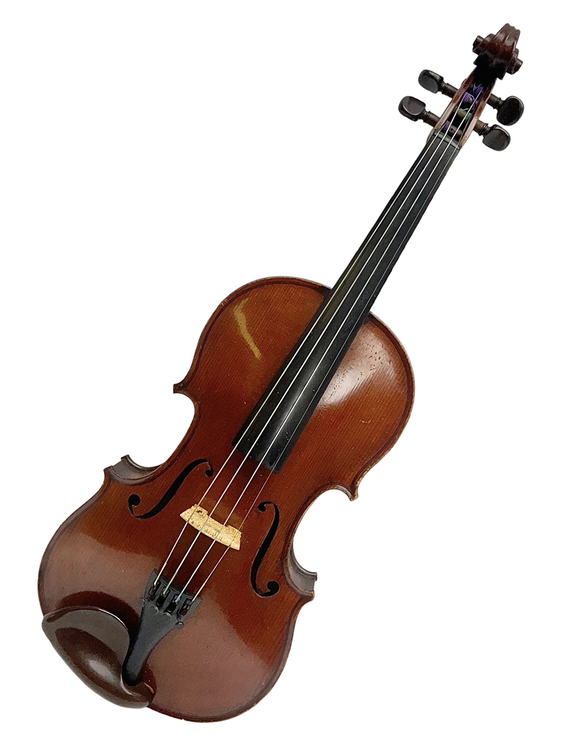 Early 20th century French Mirecourt violin with 35.5cm two-piece maple back and ribs and spruce top; bears label 'The Garrodus Violin H & Co No.1587 Anno 1912' L59cm overall; in modern fitted case with bow