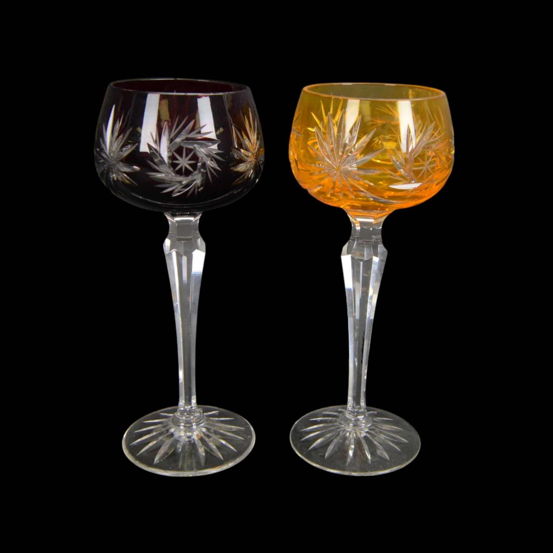 Set of six Bohemian Harlequin wine glasses, on tapered stems, raised on circular bases, H20cm