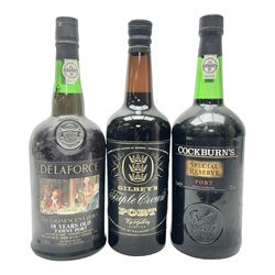 Delaforce, 10 year old, tawny port, Cockburn's special reserve port and Gilbey Triple Crown port, various contents and port (3)