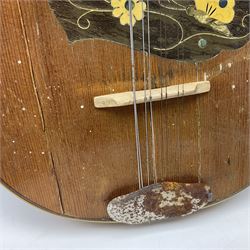 Italian eight-string mandolin with maple back and ribs and spruce top with inlaid floral marquetry panel within a fragmented mother-of-pearl border L61cm; cased; and a (damaged) German 'Michigan' mandolin for spares or repair (2)