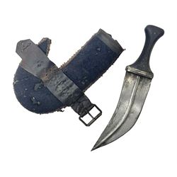 Eastern Jambiya, the 19cm double edge steel blade with raised medial ridge, waisted horn grip with pique work and white metal band; in stitched leather scabbard L33cm overall
