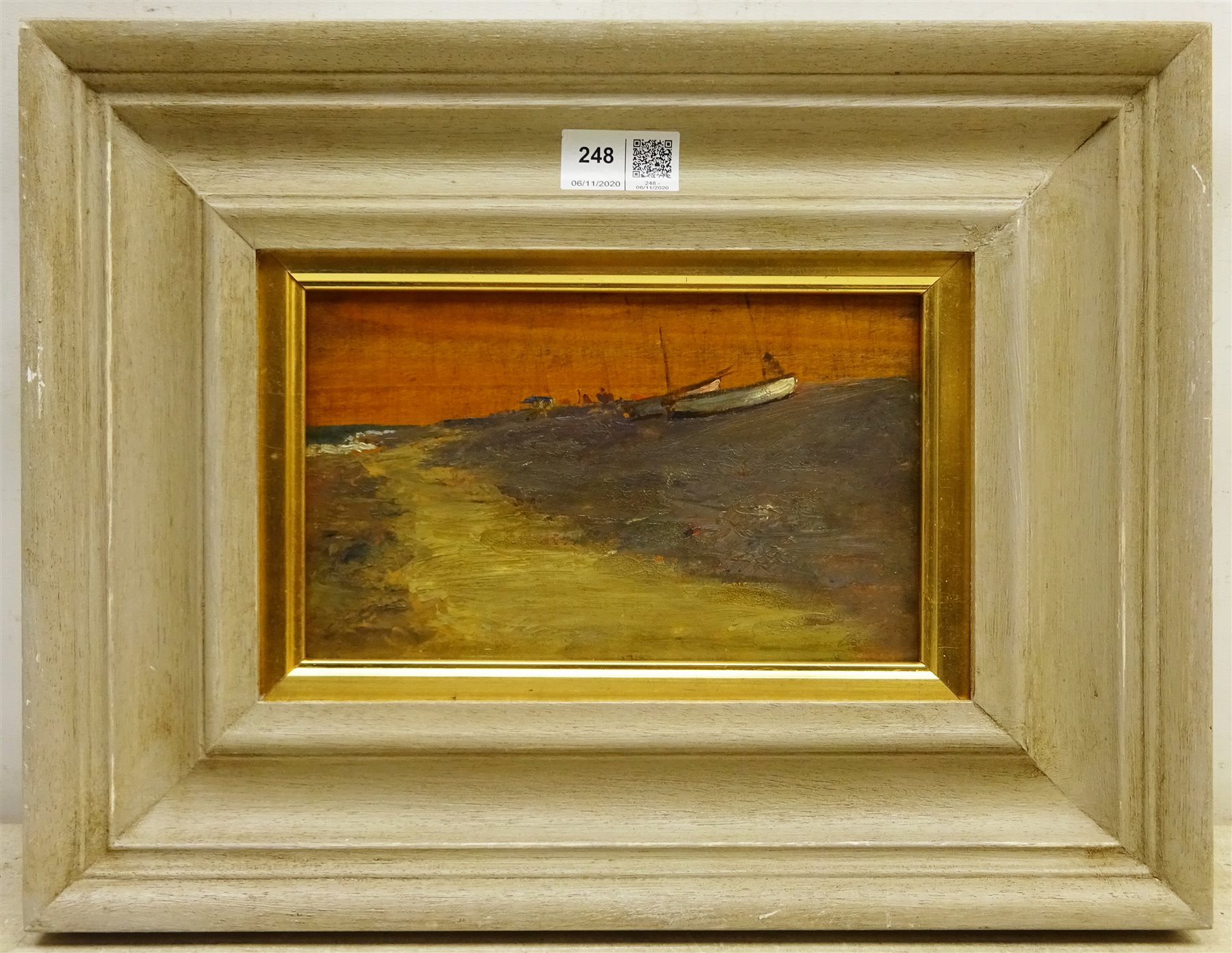 George Faulkner Wetherbee RI, ROI (American 1851-1920): Land Beach and Village scenes, set four oils on panels, one signed verso 13cm x 23cm (4) 