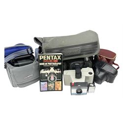 Asahi Pentax ME 35mm SLR camera with Chinon 28-50mm F3.5-4.5 Lens, Sunagor MC 80-200mm f4.5-5.5 ultra compact and Riconar 1:2/2 55mm lenses, Olympus az-300 superzoom with manual and bag, Agfa camera-werk ag clack camera, Polaroid Swinger II Land Camera etc
