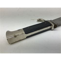 German Hitler Youth dagger the 14cm steel blade by Eickhorn Solingen inscribed Blut und Ehre and marked RZM M 7/66, chequered black grip with inset enamel diamond shaped insignia; in steel scabbard with leather frog L27cm overall