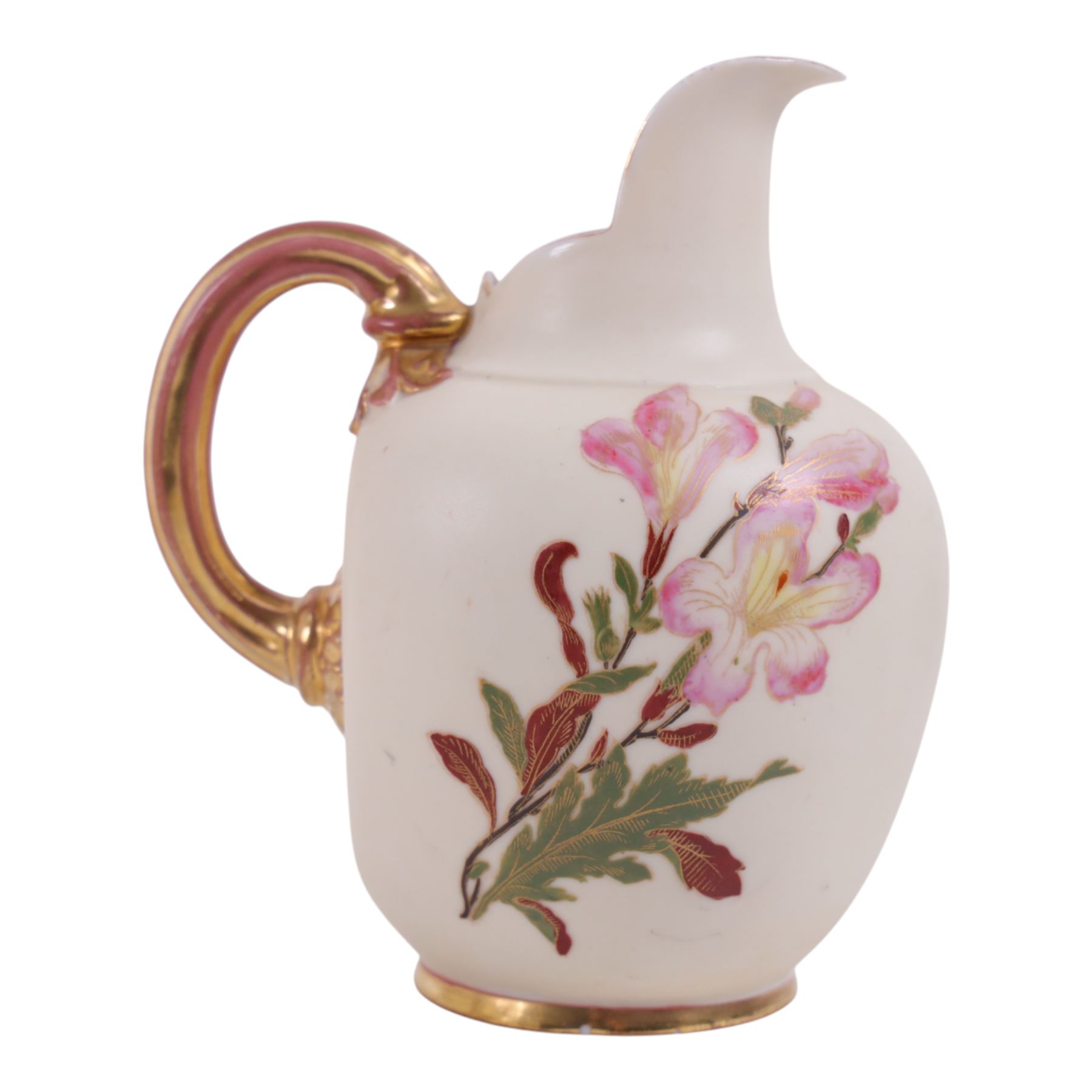 Five Royal Worcester Blush Ivory jugs, comprising one shape 1085 example with bamboo handle, one shape 1376 example with floral decoration and gilt handle and three shape 1094 examples, each decorated with floral sprigs, with printed marks beneath, tallest H14cm