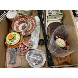 Old Tupton Ware floral decorated mantle clock, Wade Festival jug, Winsor tea wares and other ceramics, together with a collection of silver plate including blue glass lined salts, cutlery sets etc, two boxes 