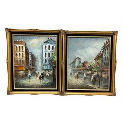 French School (20th century): Parisian Street Scene, pair oils on canvas indistinctly signed (2)
