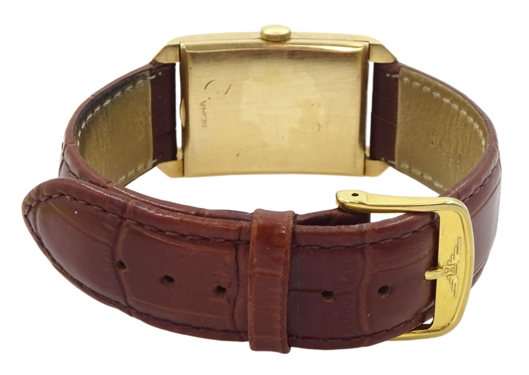 Longines gentleman's 14ct gold tank wristwatch, Cal 22L, serial No. 7593519, case No. 811582, the rectangular silvered dial with diamond set hour markers and subsidereary seconds dial, stamped 14K, on tan leather strap with original buckle, boxed