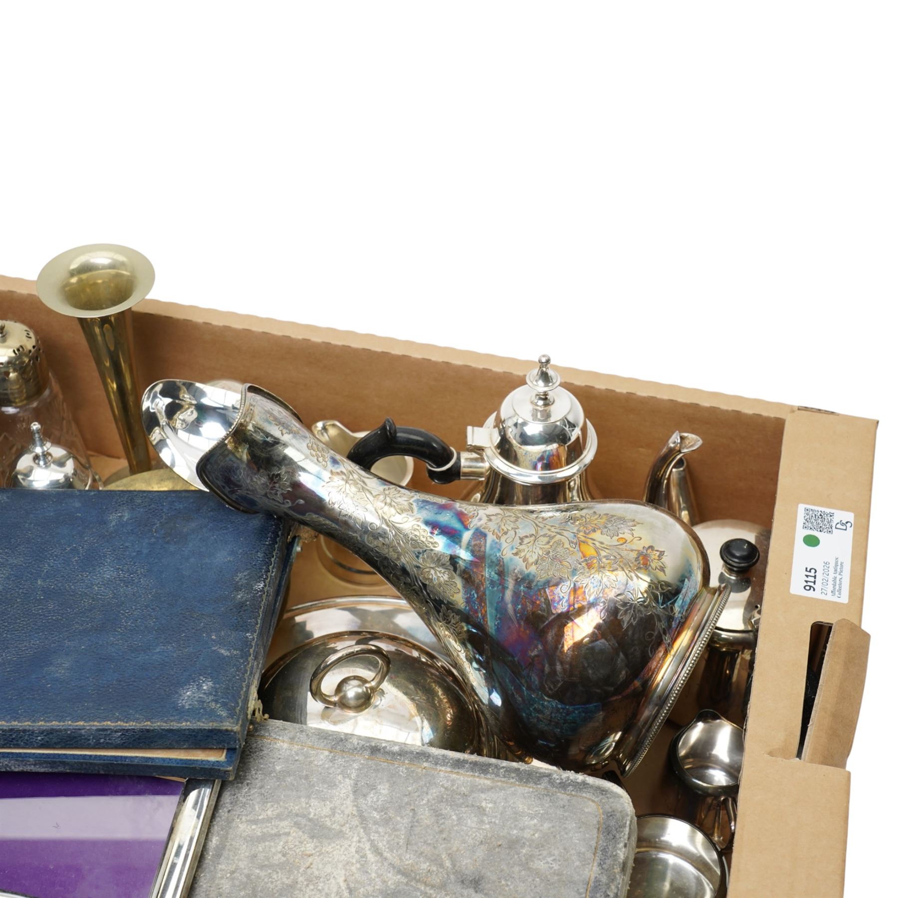 Engraved plated ewer, hotel plate tea set, muffin dish and cover and other plated items